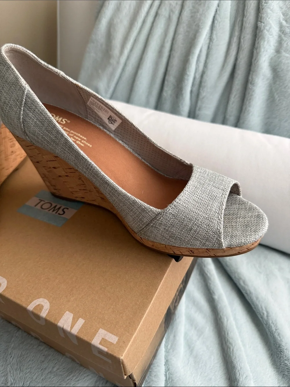 TOMS Light Denim Blue/grey Linen Peep-Toe Cork Wedge Heels
